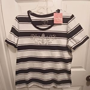 CORAL BAY BLACK WHITE STRIPED BLING CRUISE PL PETITE LG TOP TEE SHIRT SPARKLE